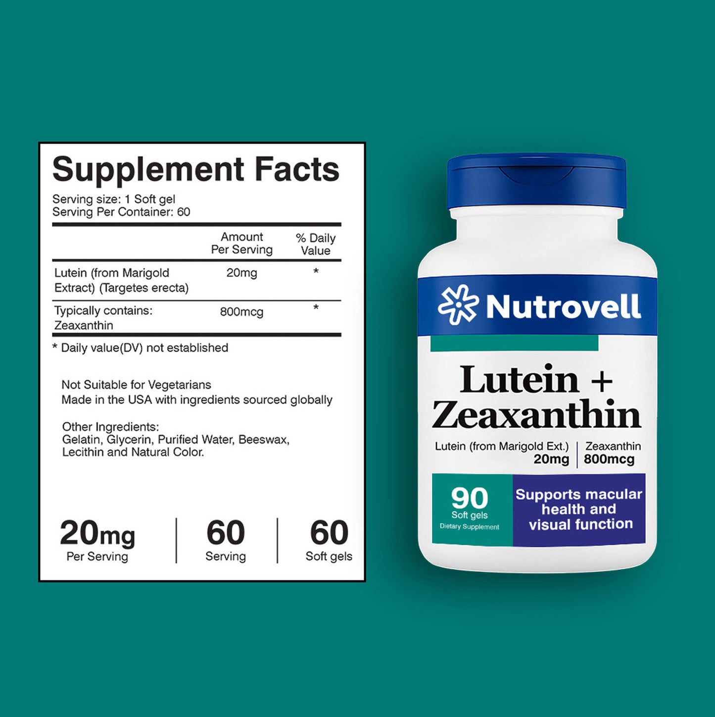 Lutein + Zeaxanthin – Lutein (from Marigold) 20 mg + Zeaxanthin 800 mcg – 60 Softgels