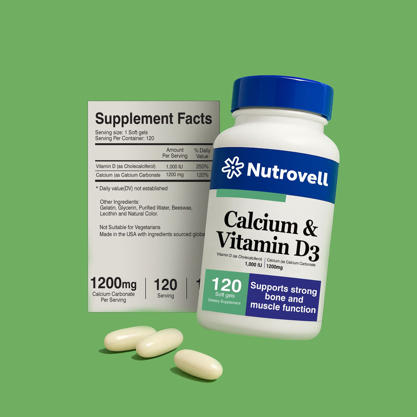 Calcium & Vitamin D3 – Calcium Carbonate 1200 mg – 120 Softgels