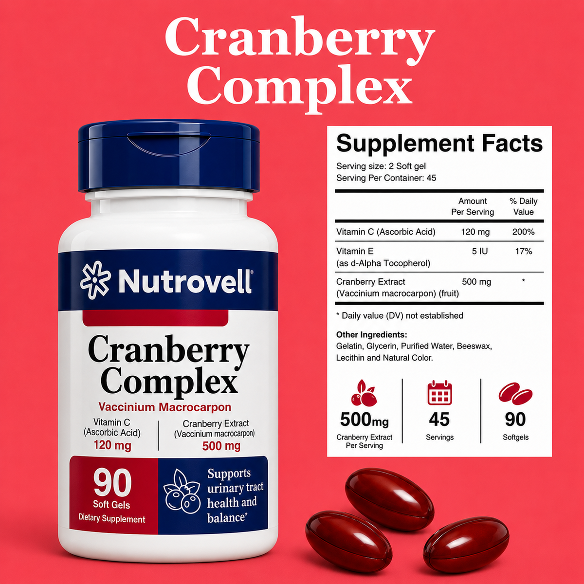 Cranberry Complex – Cranberry Extract 500 mg + Vitamin C 120 mg – 90 Softgels