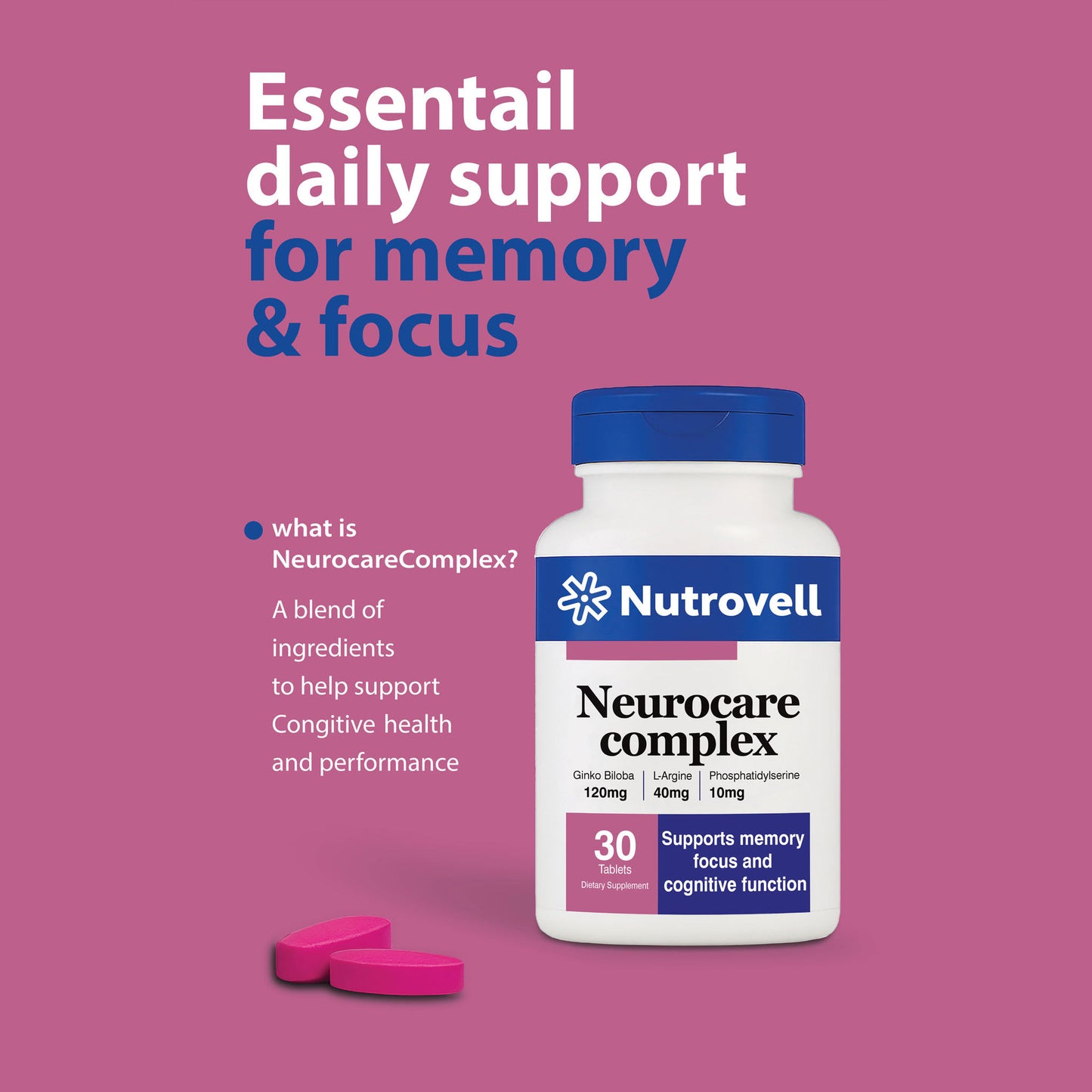 Neurocare Complex – Ginkgo Biloba 120 mg + L-Arginine 40 mg + Phosphatidylserine 10 mg – 30 Tablets