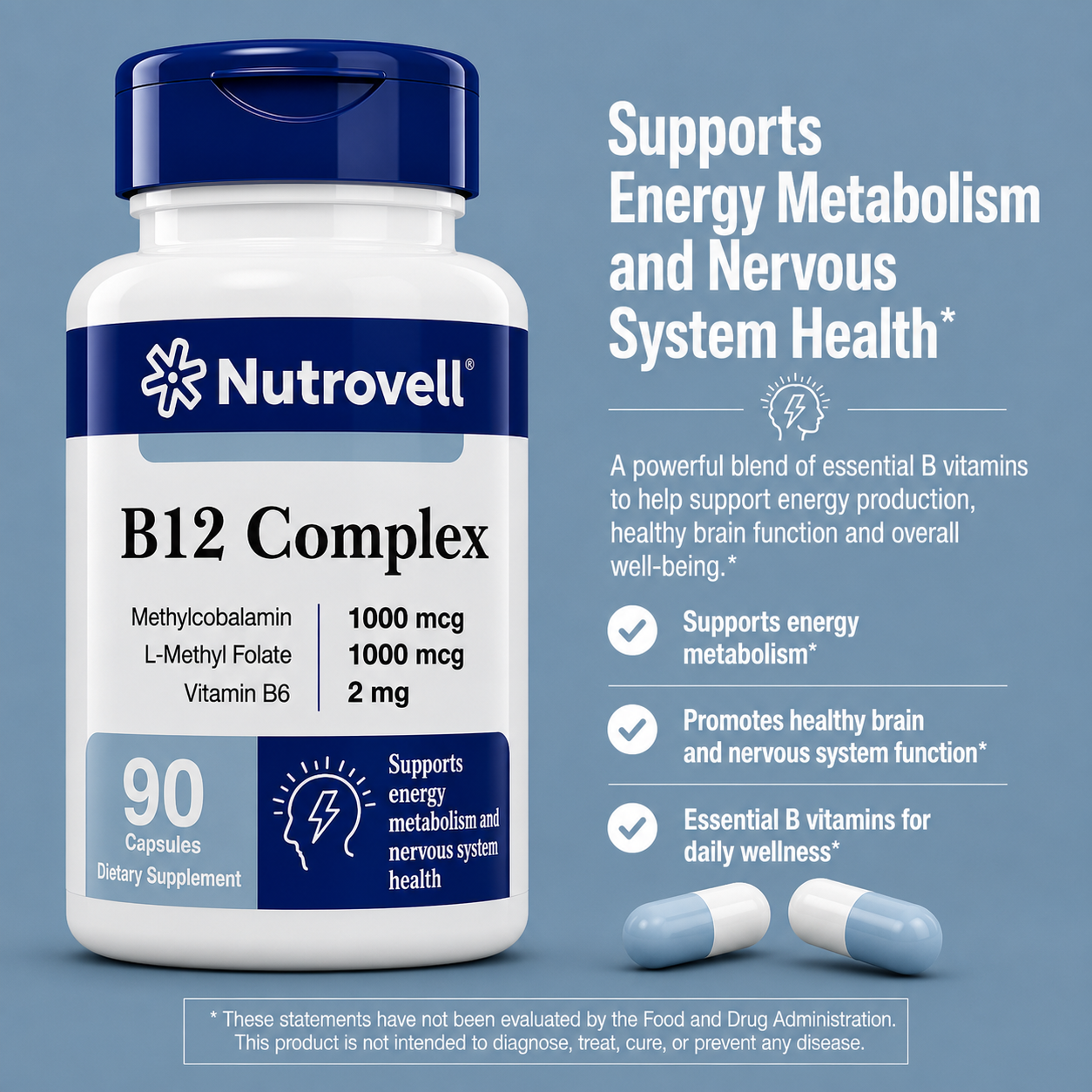 Nutrovell B12 Complex benefits banner - supports energy metabolism and nervous system health