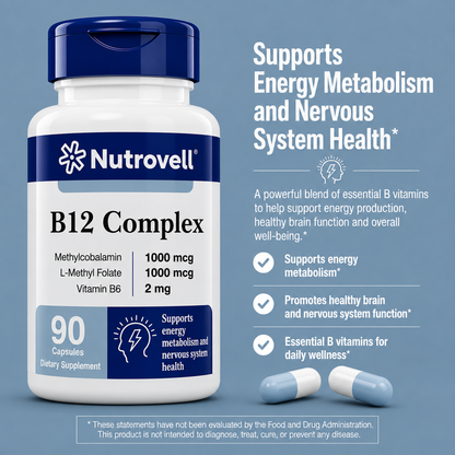 Nutrovell B12 Complex benefits banner - supports energy metabolism and nervous system health