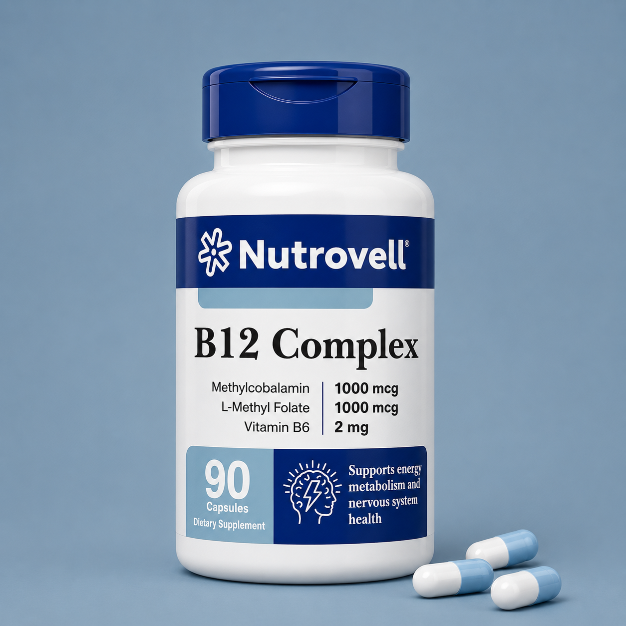Nutrovell B12 Complex bottle - 90 capsules with Methylcobalamin, L-Methyl Folate, and Vitamin B6