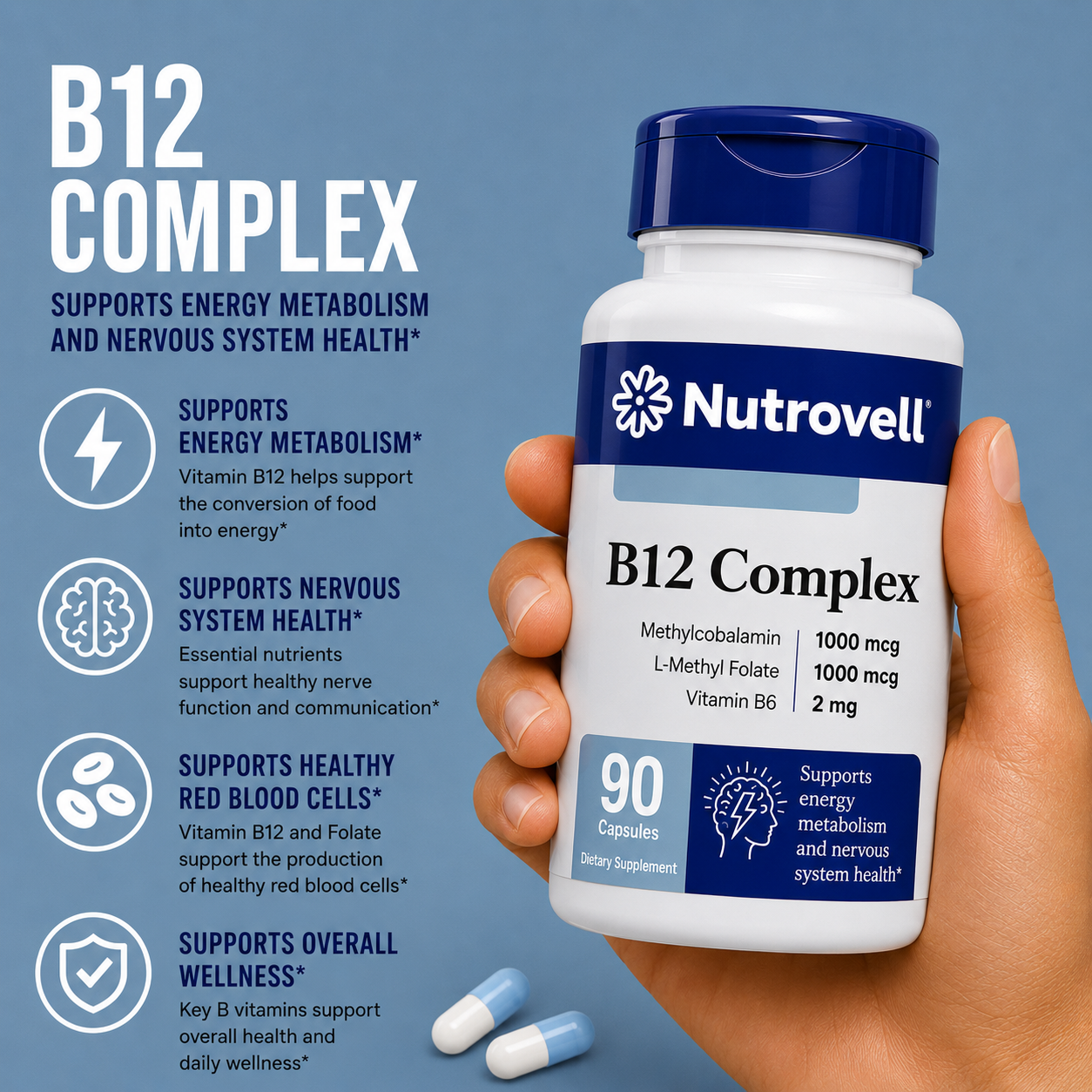Hand holding a bottle of Nutrovell B12 Complex capsules