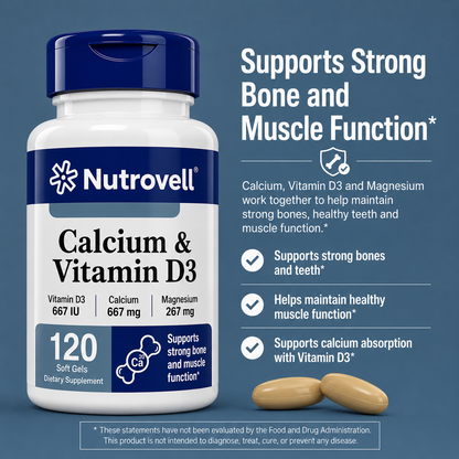 Nutrovell Calcium & Vitamin D3 benefits banner - supports strong bone and muscle function