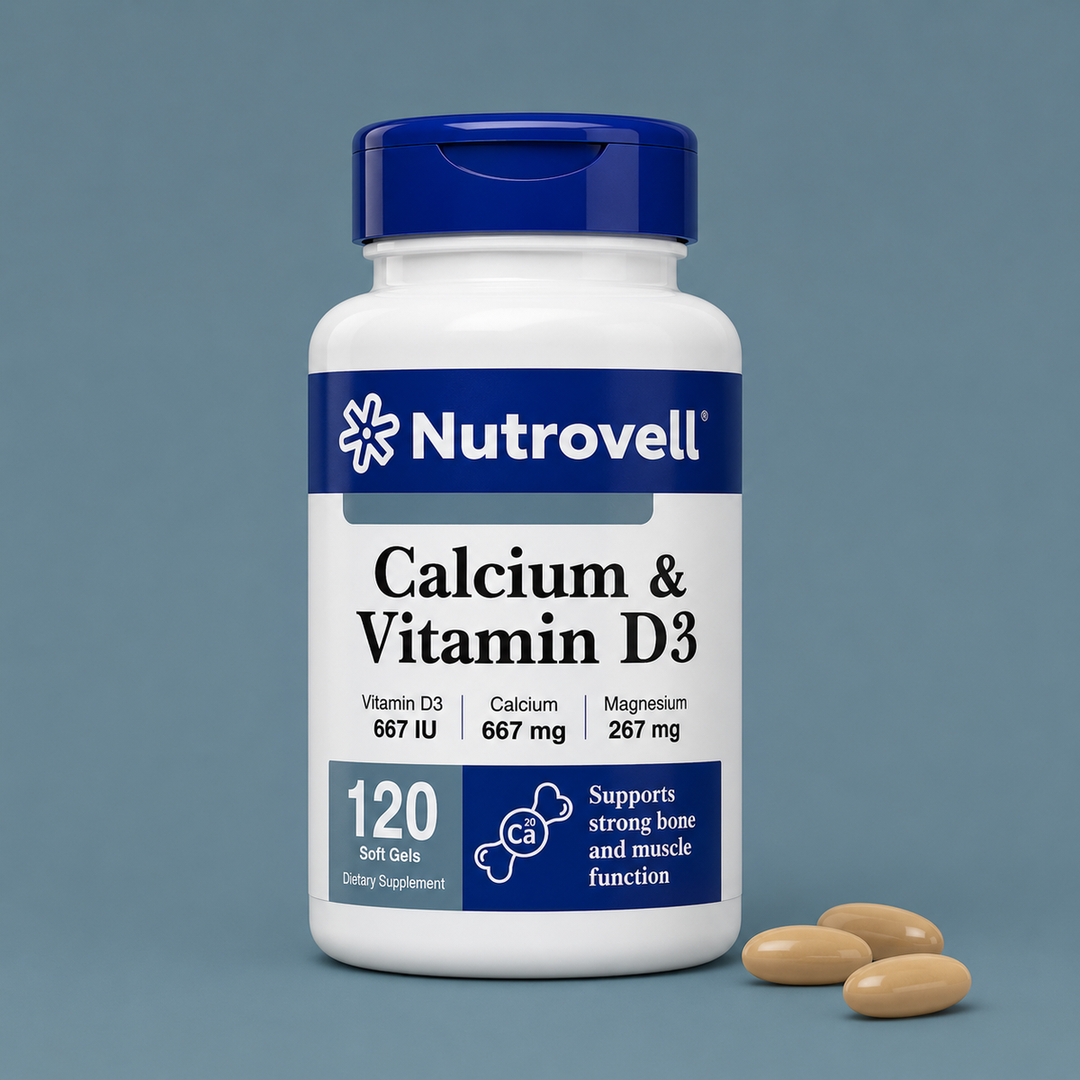 Nutrovell Calcium, Magnesium & Zinc with Vitamin D3 bottle, 120 softgels