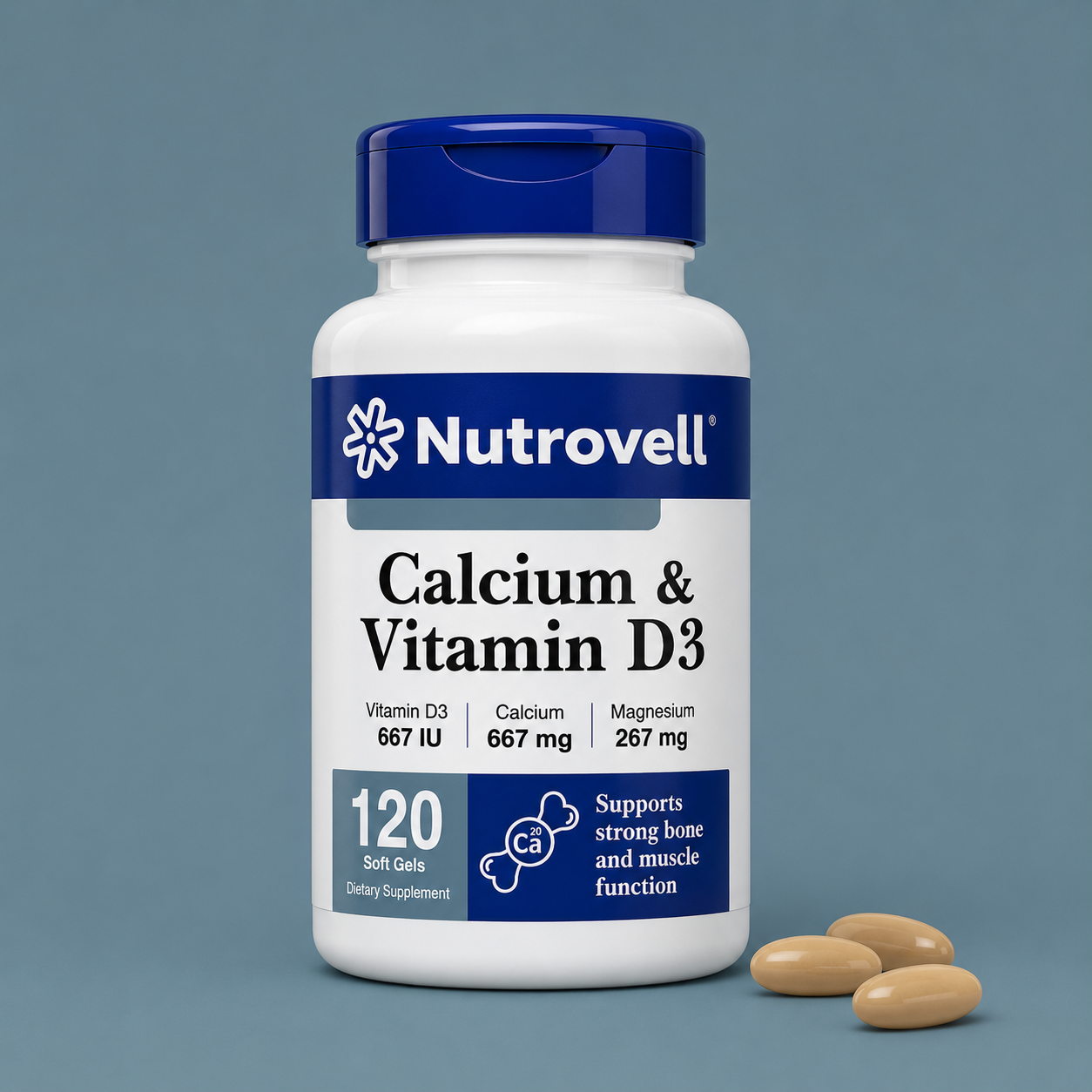 Nutrovell Calcium, Magnesium & Zinc with Vitamin D3 bottle, 120 softgels
