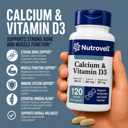 Hand holding a bottle of Nutrovell Calcium & Vitamin D3 softgels