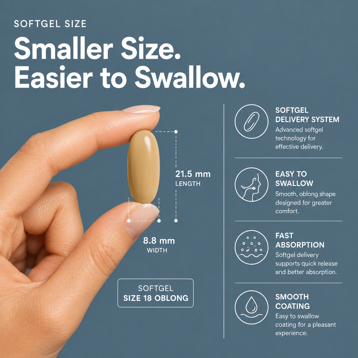 Nutrovell Calcium & Vitamin D3 softgel size comparison, easy to swallow