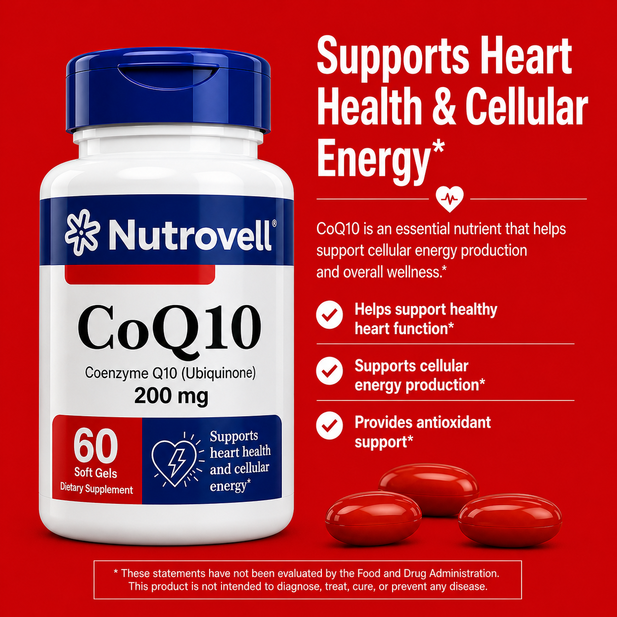 Nutrovell CoQ10 benefits banner: supports healthy heart function, cellular energy production, and antioxidant support
