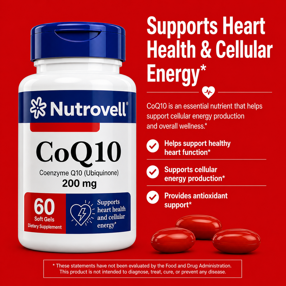 Nutrovell CoQ10 benefits banner: supports healthy heart function, cellular energy production, and antioxidant support