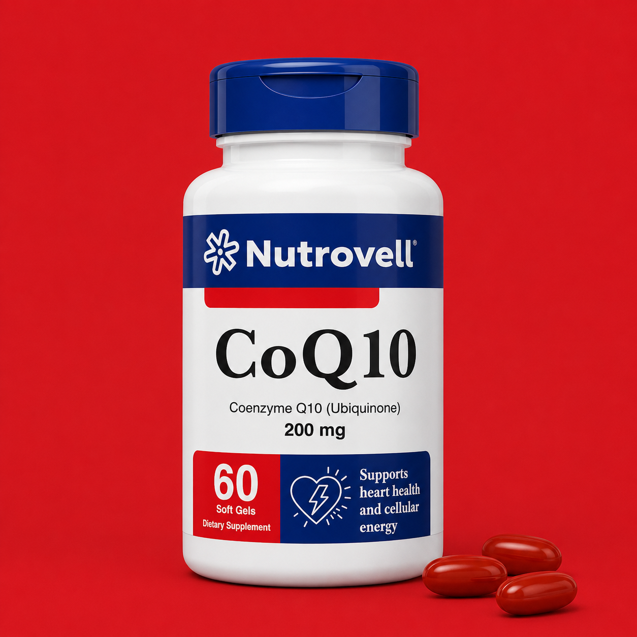 Nutrovell CoQ10 200 mg per serving supplement bottle, 60 softgels