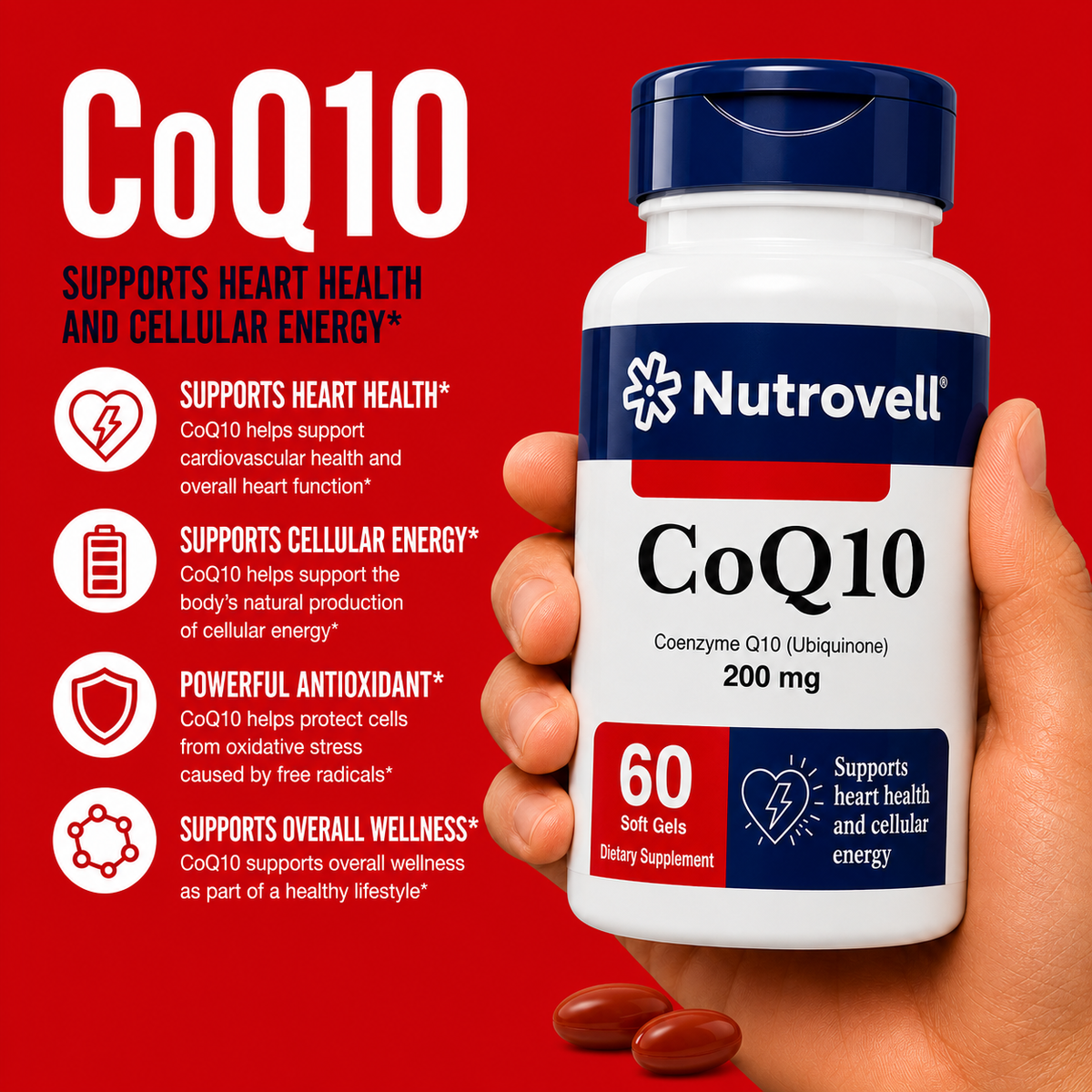 Hand holding a bottle of Nutrovell CoQ10 supplement
