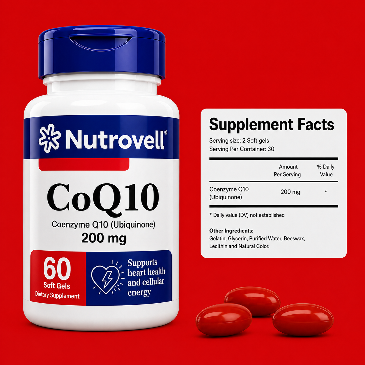 Nutrovell CoQ10 Supplement Facts label showing 200 mg Coenzyme Q10 per 2-softgel serving, 30 servings per container