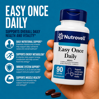 Hand holding Nutrovell Easy Once Daily Men's multivitamin bottle with detailed benefits