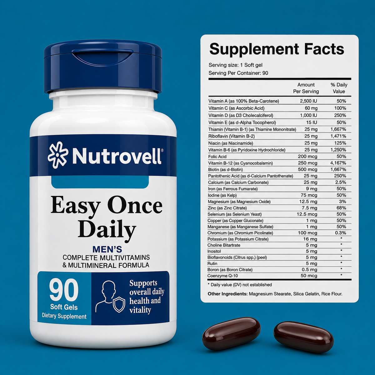 Nutrovell Easy Once Daily Men's supplement facts label showing 27 vitamins and minerals
