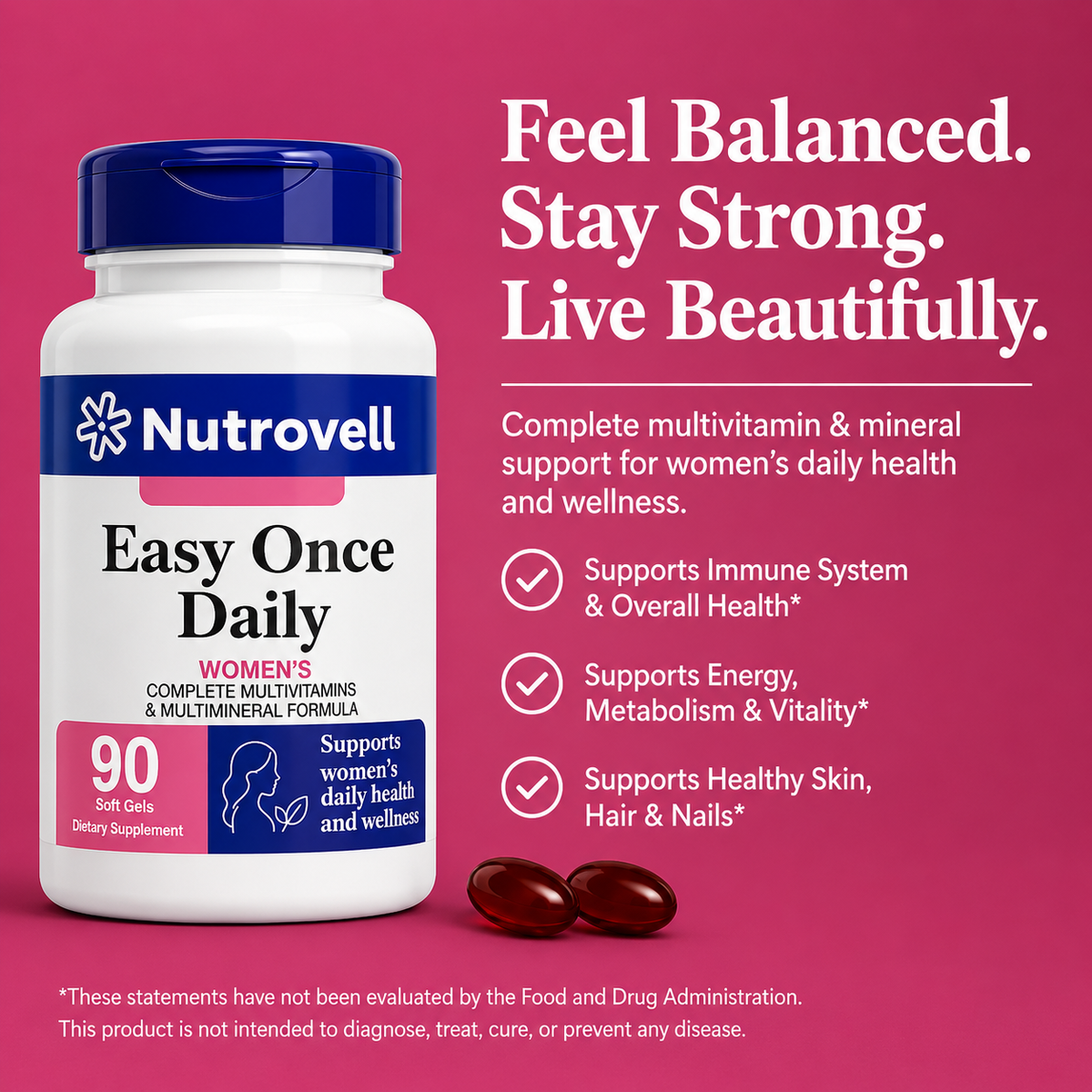 Nutrovell Easy Once Daily Women's benefits banner - complete multivitamin and mineral support