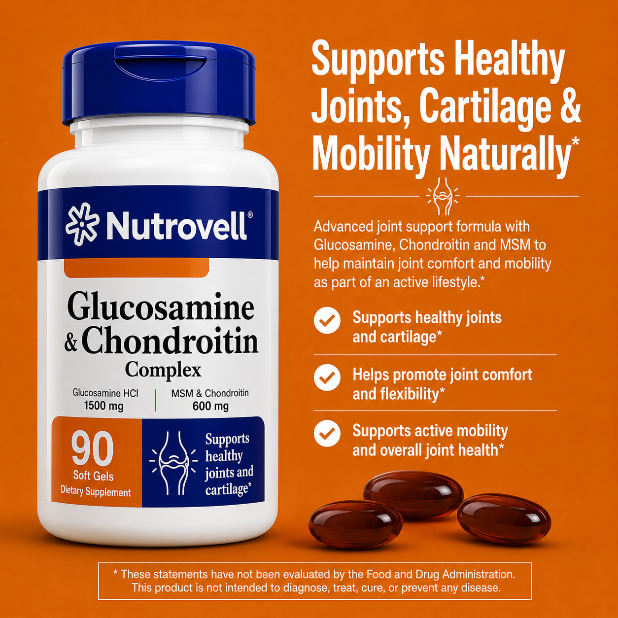 Nutrovell Glucosamine & Chondroitin Complex benefits - supports healthy joints, cartilage, and mobility