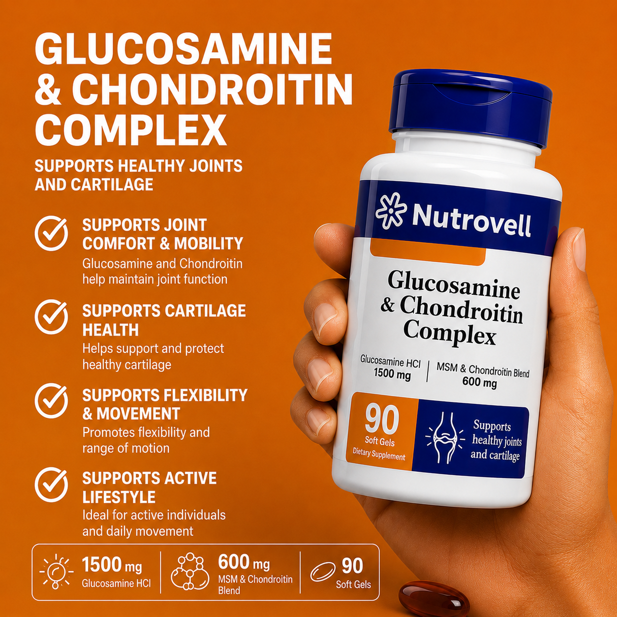 Hand holding Nutrovell Glucosamine & Chondroitin Complex bottle with key benefits listed