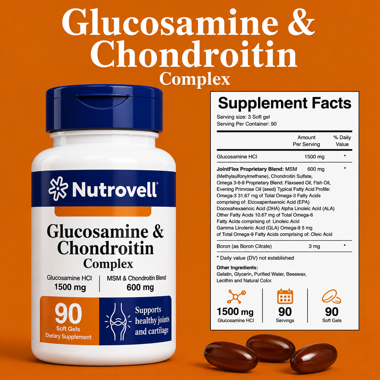 Nutrovell Glucosamine & Chondroitin Complex supplement facts label