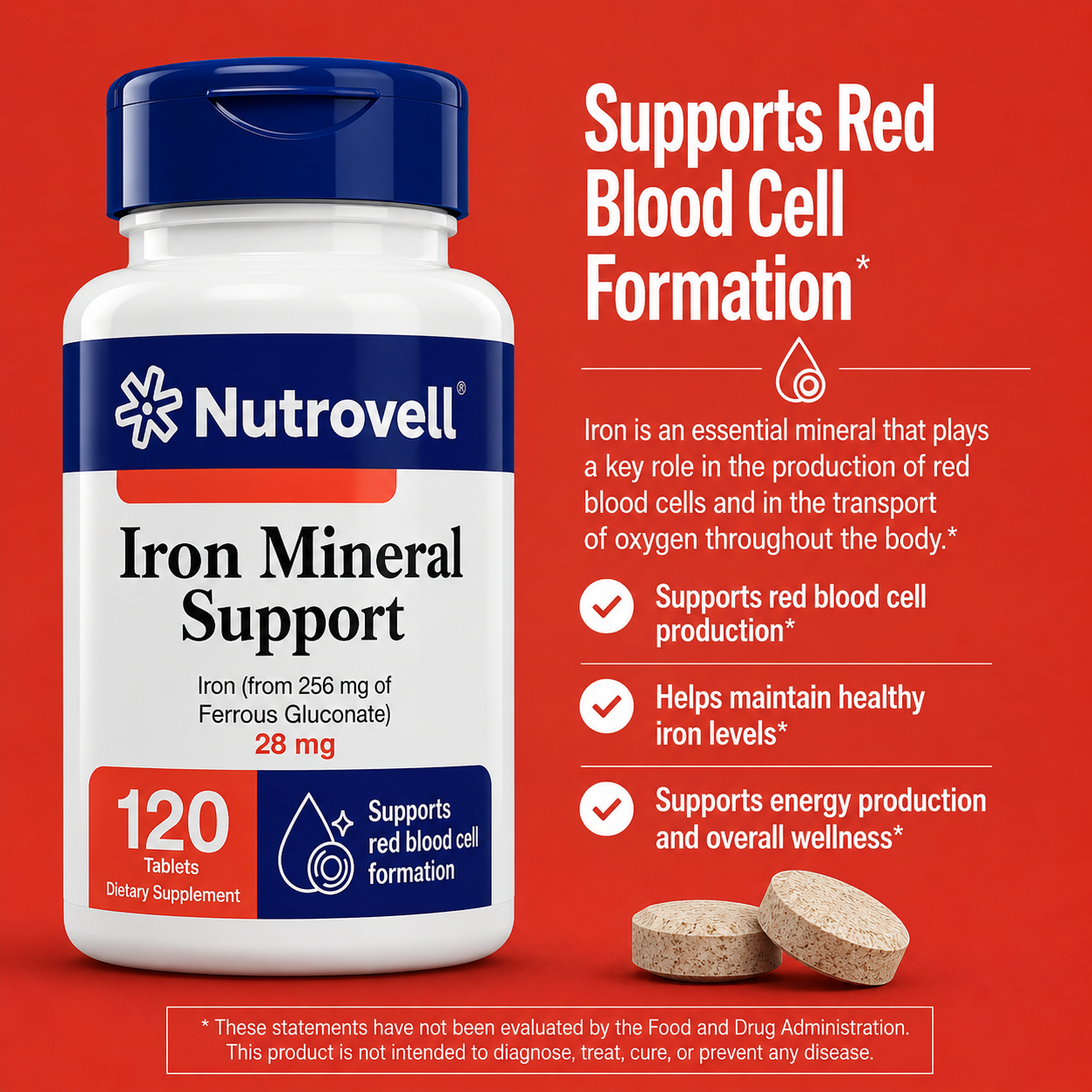 Nutrovell Iron Mineral Support benefits banner: supports red blood cell formation