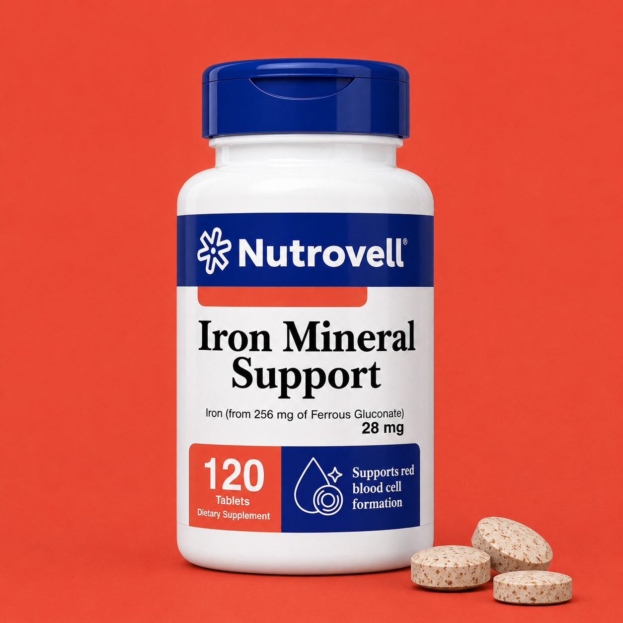 Nutrovell Iron Mineral Support 28mg supplement bottle, 120 tablets