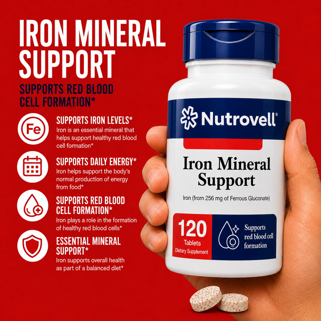 Hand holding a bottle of Nutrovell Iron Mineral Support supplement