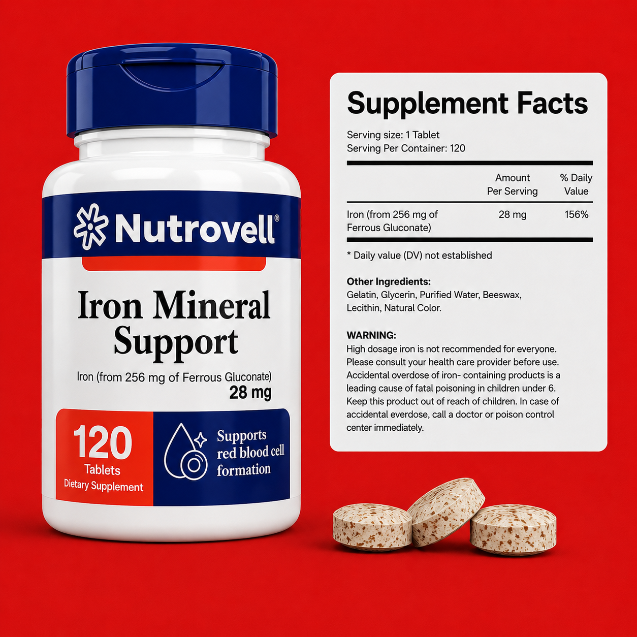 Nutrovell Iron Mineral Support Supplement Facts label showing 28mg Iron from Ferrous Gluconate, 120 servings per container