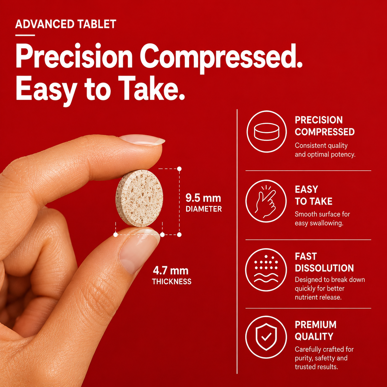 Close-up of Nutrovell Iron Mineral Support tablet size comparison