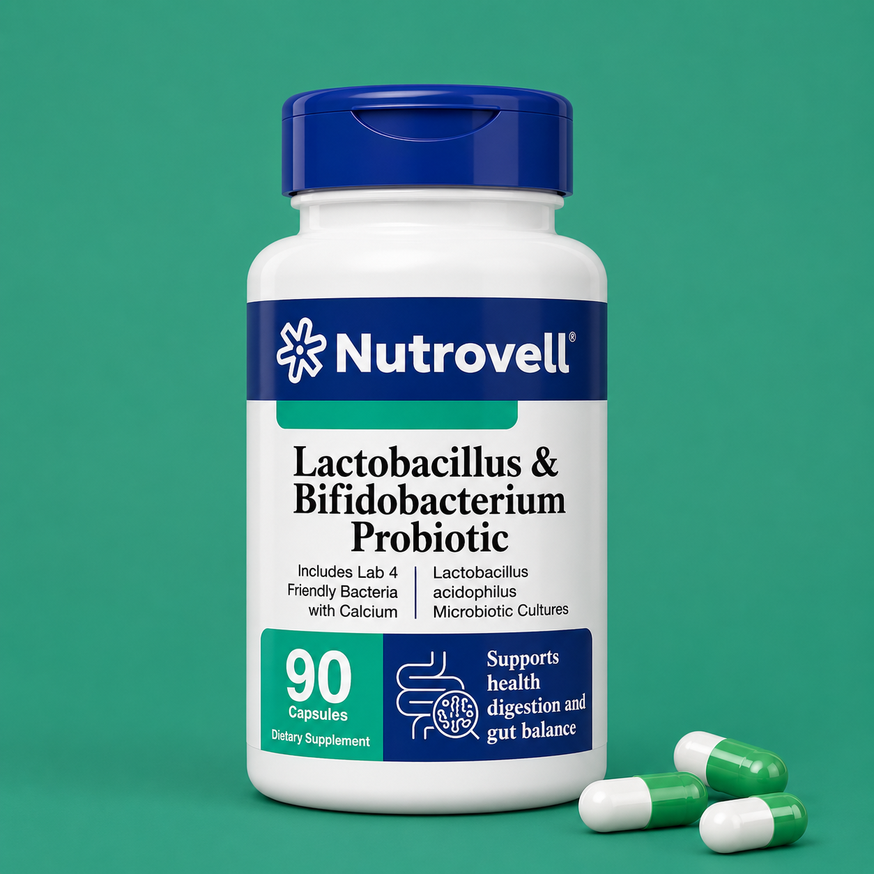 Nutrovell Lactobacillus & Bifidobacterium Probiotic bottle, Lab4 24 Billion CFU formula, 90 capsules dietary supplement