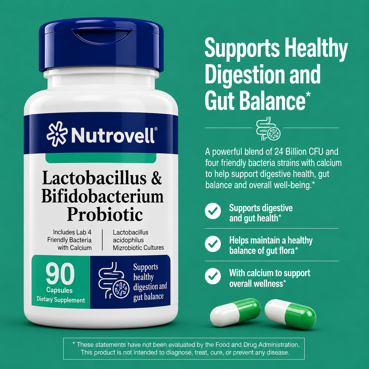 Nutrovell Lactobacillus & Bifidobacterium Probiotic benefits infographic: supports digestive and gut health, helps maintain a healthy balance of gut flora, with calcium to support overall wellness