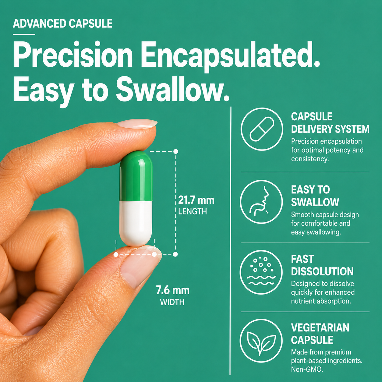Close-up of Nutrovell Lactobacillus & Bifidobacterium Probiotic capsule showing precision encapsulation, easy-to-swallow vegetarian capsule design
