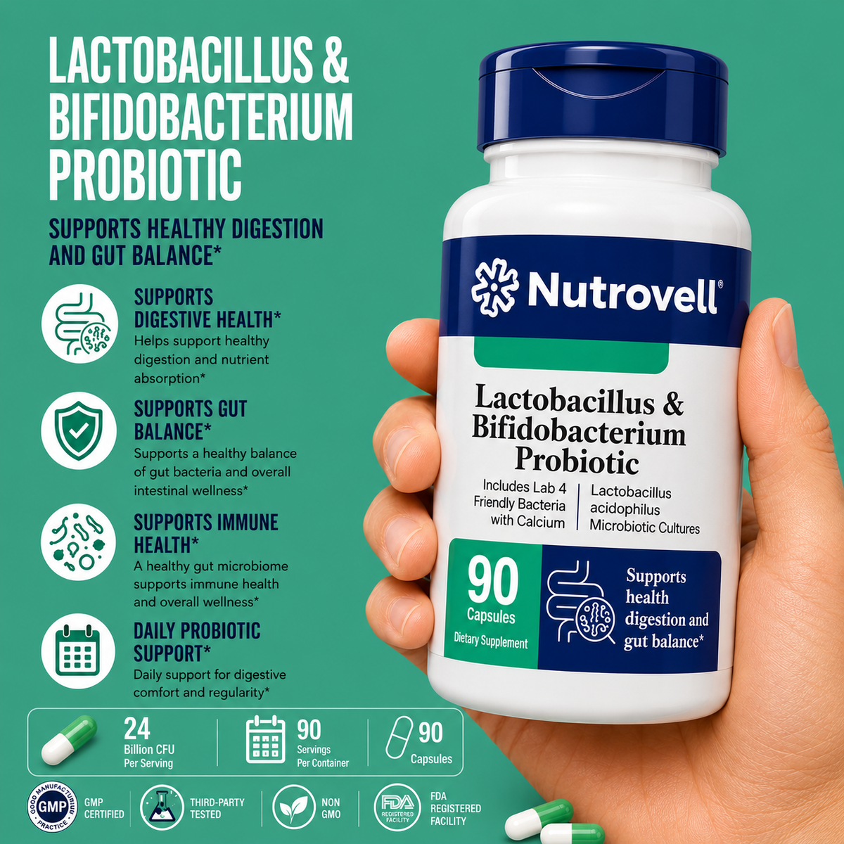 Hand holding Nutrovell Lactobacillus & Bifidobacterium Probiotic bottle with benefits list: digestive health support, gut balance support, immune health support, daily probiotic support