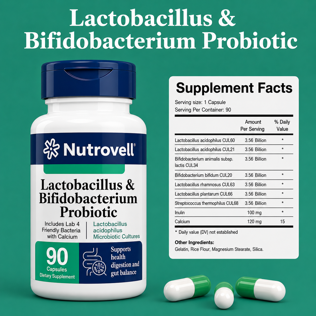 Nutrovell Lactobacillus & Bifidobacterium Probiotic bottle next to Supplement Facts label showing seven Lab4 bacterial strains, Inulin, and Calcium