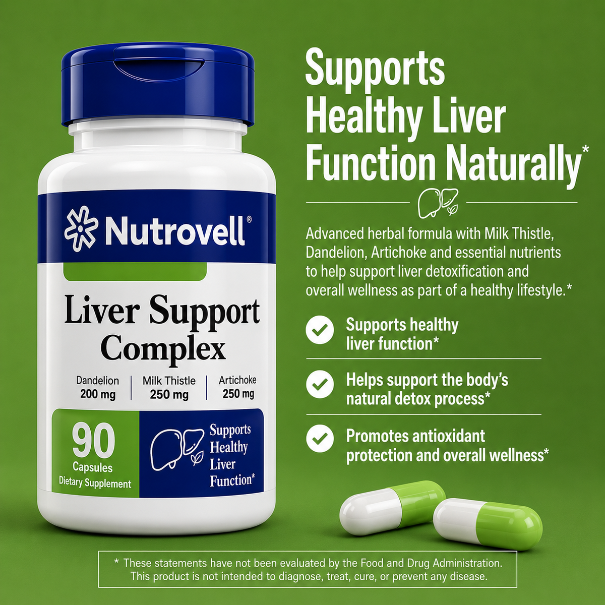Nutrovell Liver Support Complex benefits infographic: supports healthy liver function, helps support the body's natural processes, provides antioxidant support, supports overall wellness