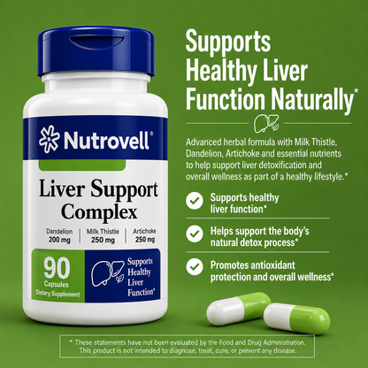 Nutrovell Liver Support Complex benefits infographic: supports healthy liver function, helps support the body's natural processes, provides antioxidant support, supports overall wellness