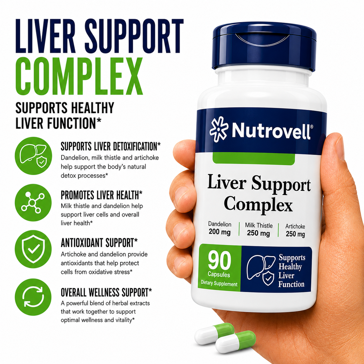 Hand holding Nutrovell Liver Support Complex bottle with benefits list: healthy liver function support, antioxidant support, overall wellness support