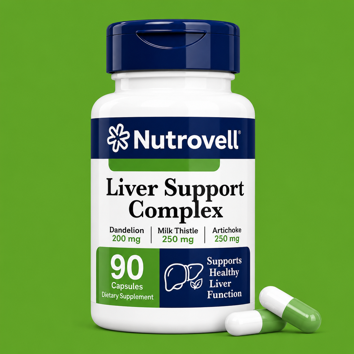 Nutrovell Liver Support Complex bottle, Milk Thistle Dandelion Artichoke formula, 90 capsules dietary supplement