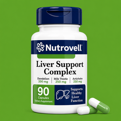 Nutrovell Liver Support Complex bottle, Milk Thistle Dandelion Artichoke formula, 90 capsules dietary supplement