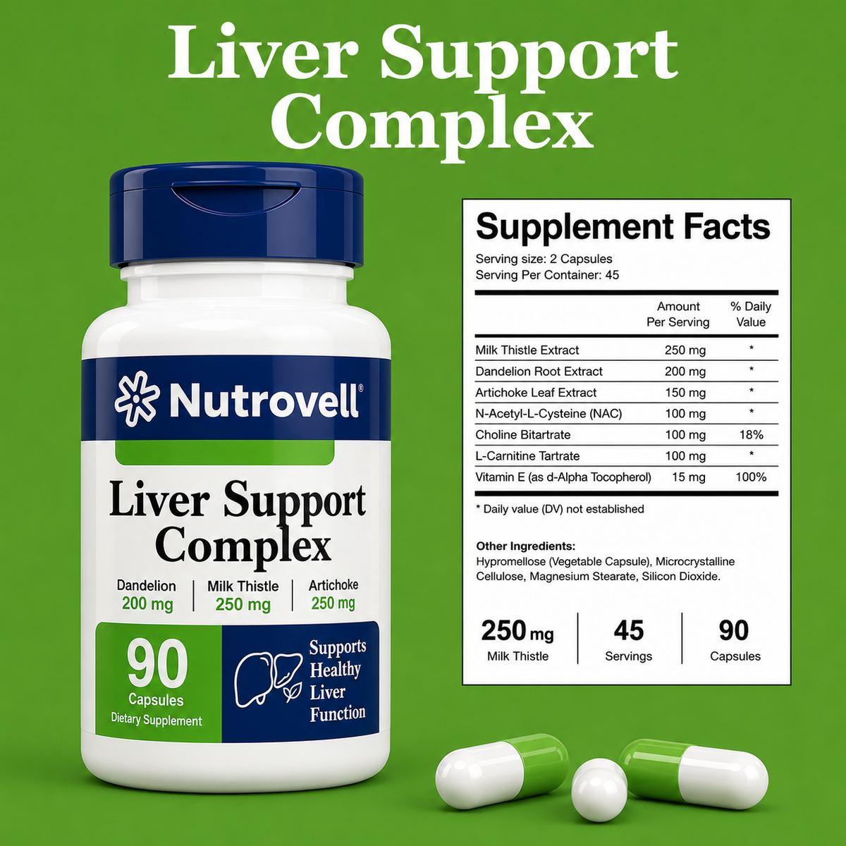 Nutrovell Liver Support Complex bottle next to Supplement Facts label showing Milk Thistle Extract 250mg, Dandelion Root Extract 200mg, Artichoke Leaf Extract 150mg, NAC, Choline Bitartrate, L-Carnitine Tartrate, and Vitamin E