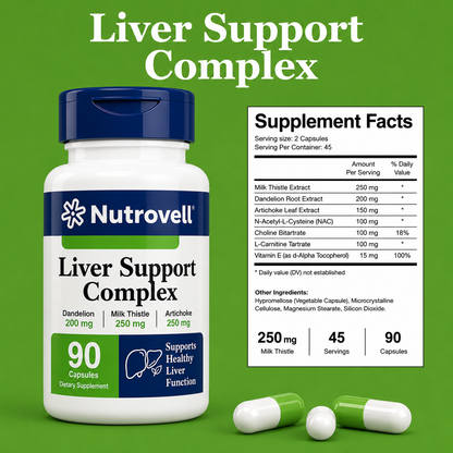 Nutrovell Liver Support Complex bottle next to Supplement Facts label showing Milk Thistle Extract 250mg, Dandelion Root Extract 200mg, Artichoke Leaf Extract 150mg, NAC, Choline Bitartrate, L-Carnitine Tartrate, and Vitamin E