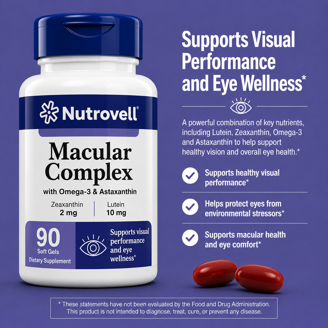 Nutrovell Macular Complex benefits infographic: supports healthy visual performance, helps protect eyes from environmental stressors, supports macular health and eye comfort