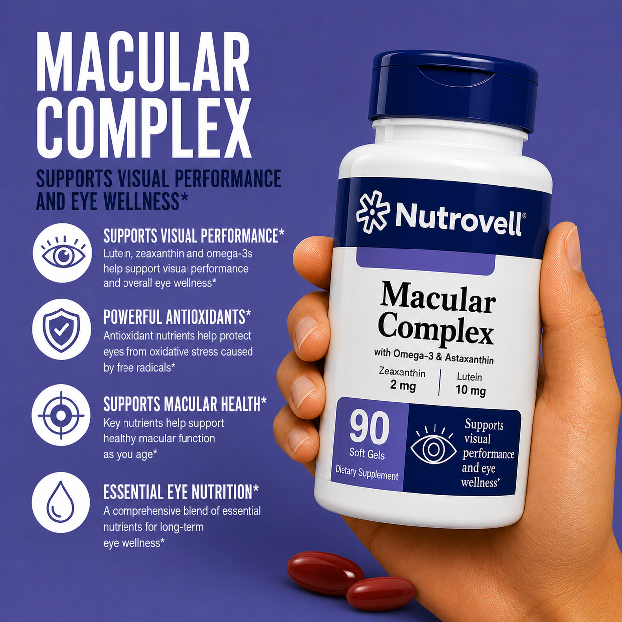 Nutrovell Macular Complex bottle, front view, 90 softgels dietary supplement