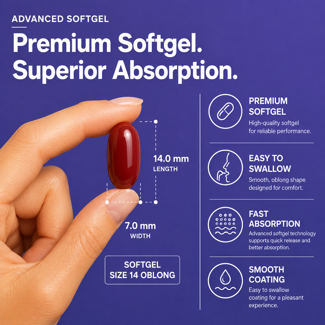 Close-up of hand holding a Nutrovell Macular Complex softgel capsule, premium softgel with superior absorption
