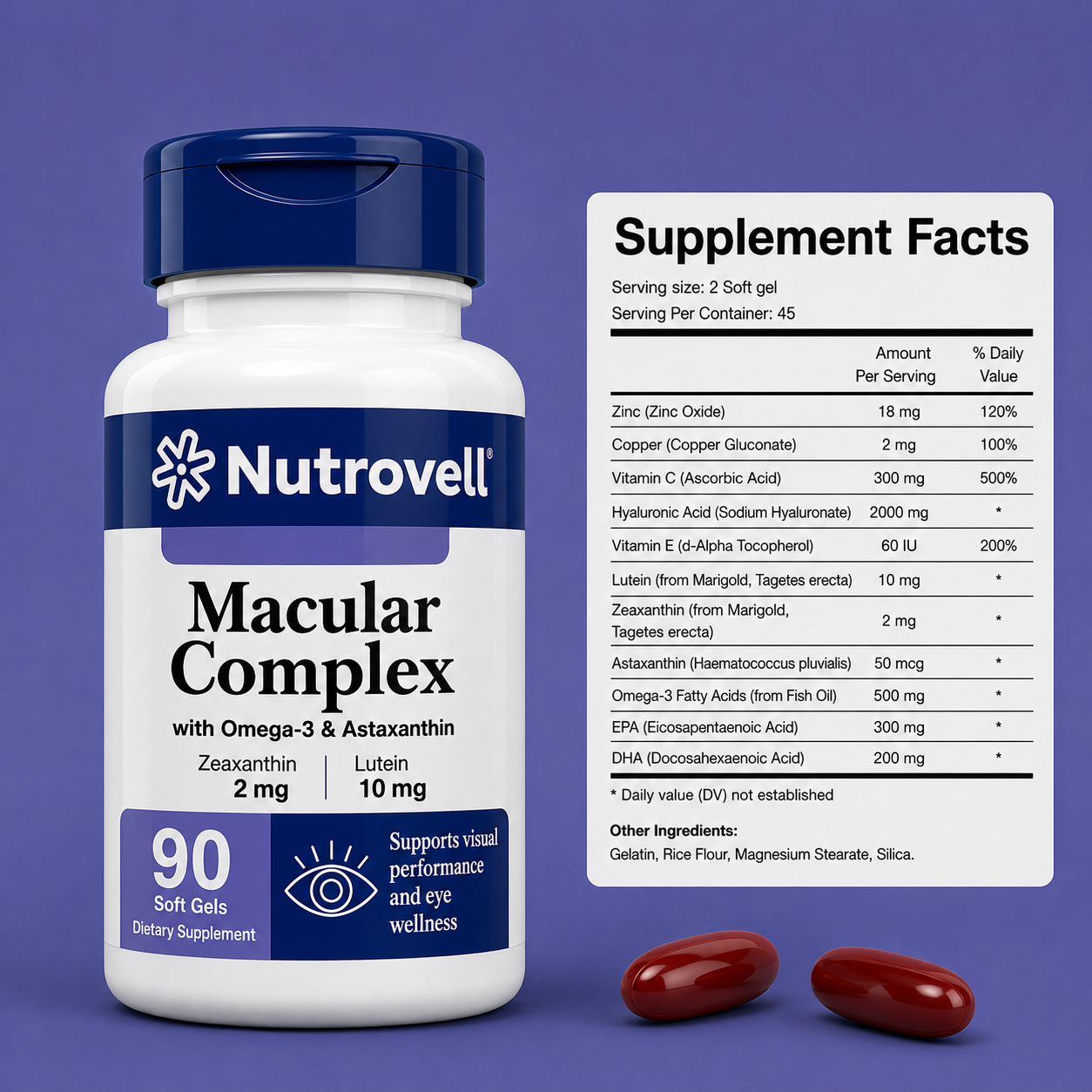 Nutrovell Macular Complex bottle next to Supplement Facts label showing Lutein, Zeaxanthin, Astaxanthin, Omega-3, Zinc, Copper, Vitamin C, Vitamin E, and Hyaluronic Acid