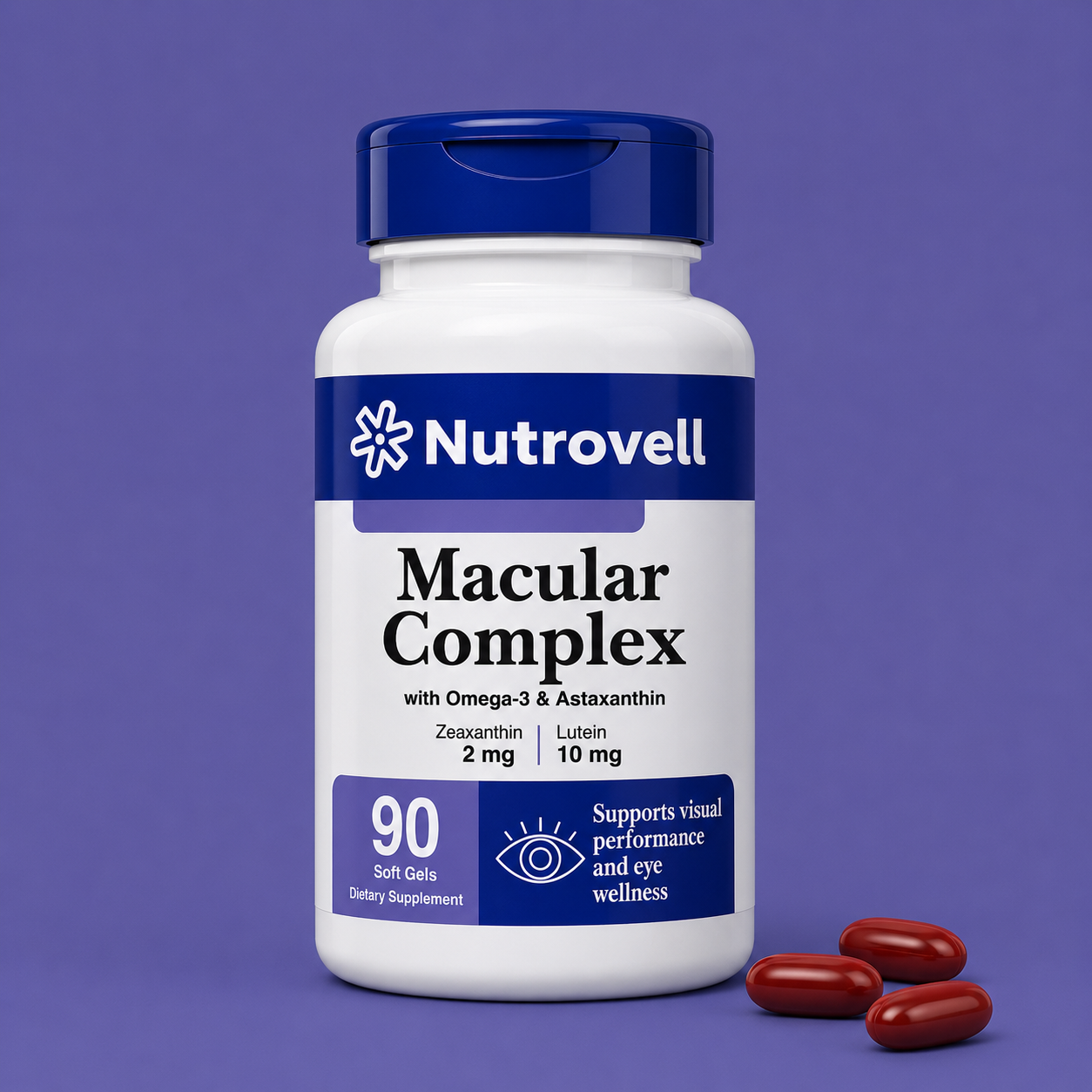 Nutrovell Macular Complex eye health supplement bottle with two softgel capsules, 90 softgels