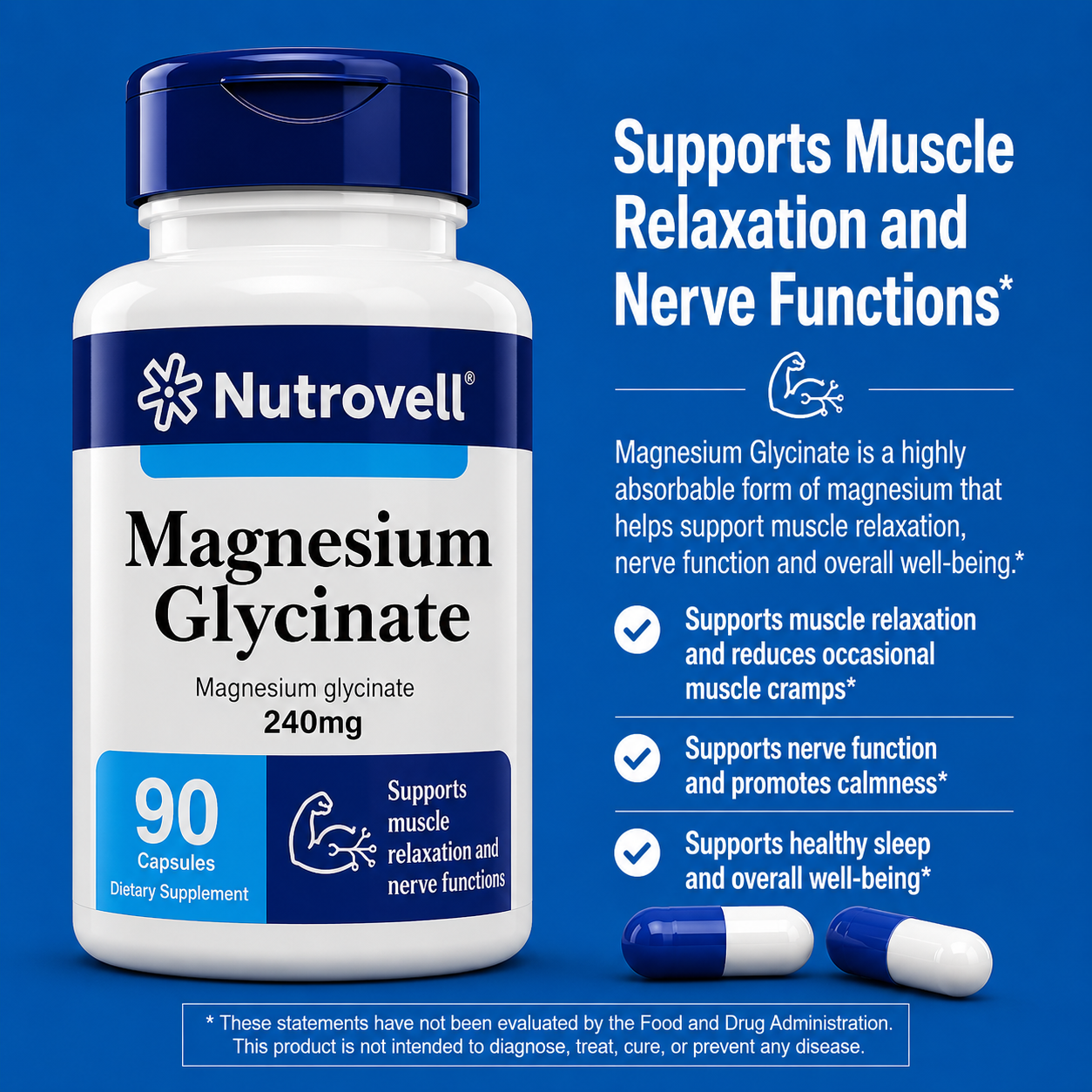 Nutrovell Magnesium Glycinate benefits banner - supports muscle relaxation and nerve function