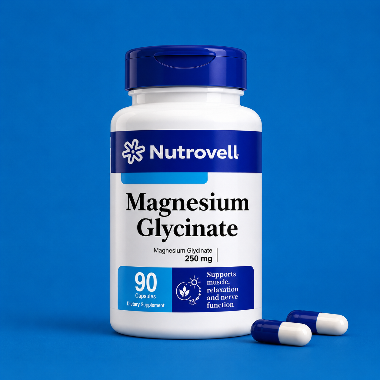 Nutrovell Magnesium Glycinate 250mg bottle, 90 capsules