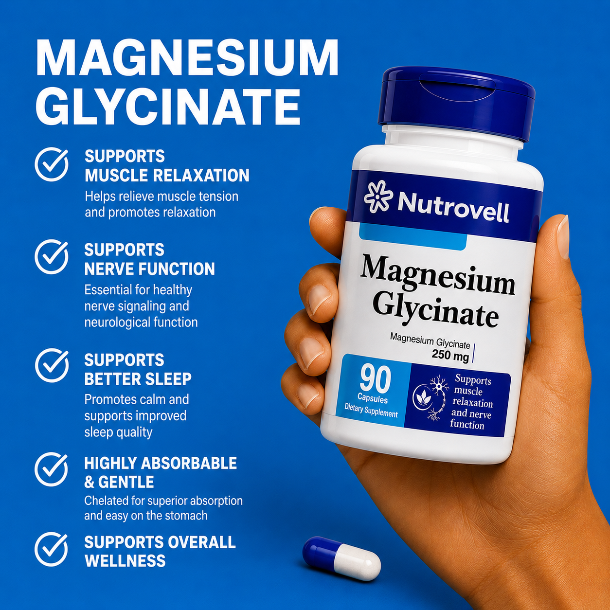 Hand holding a bottle of Nutrovell Magnesium Glycinate capsules