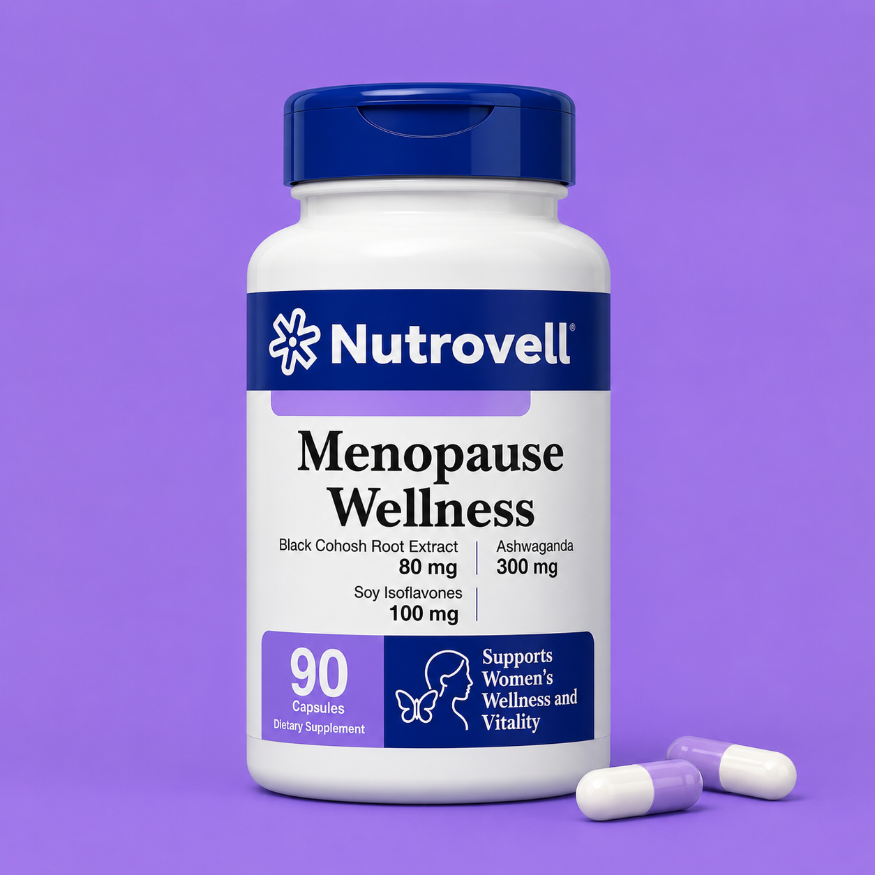 Nutrovell Menopause Wellness bottle with Black Cohosh, Ashwagandha and Soy Isoflavones, 90 capsules